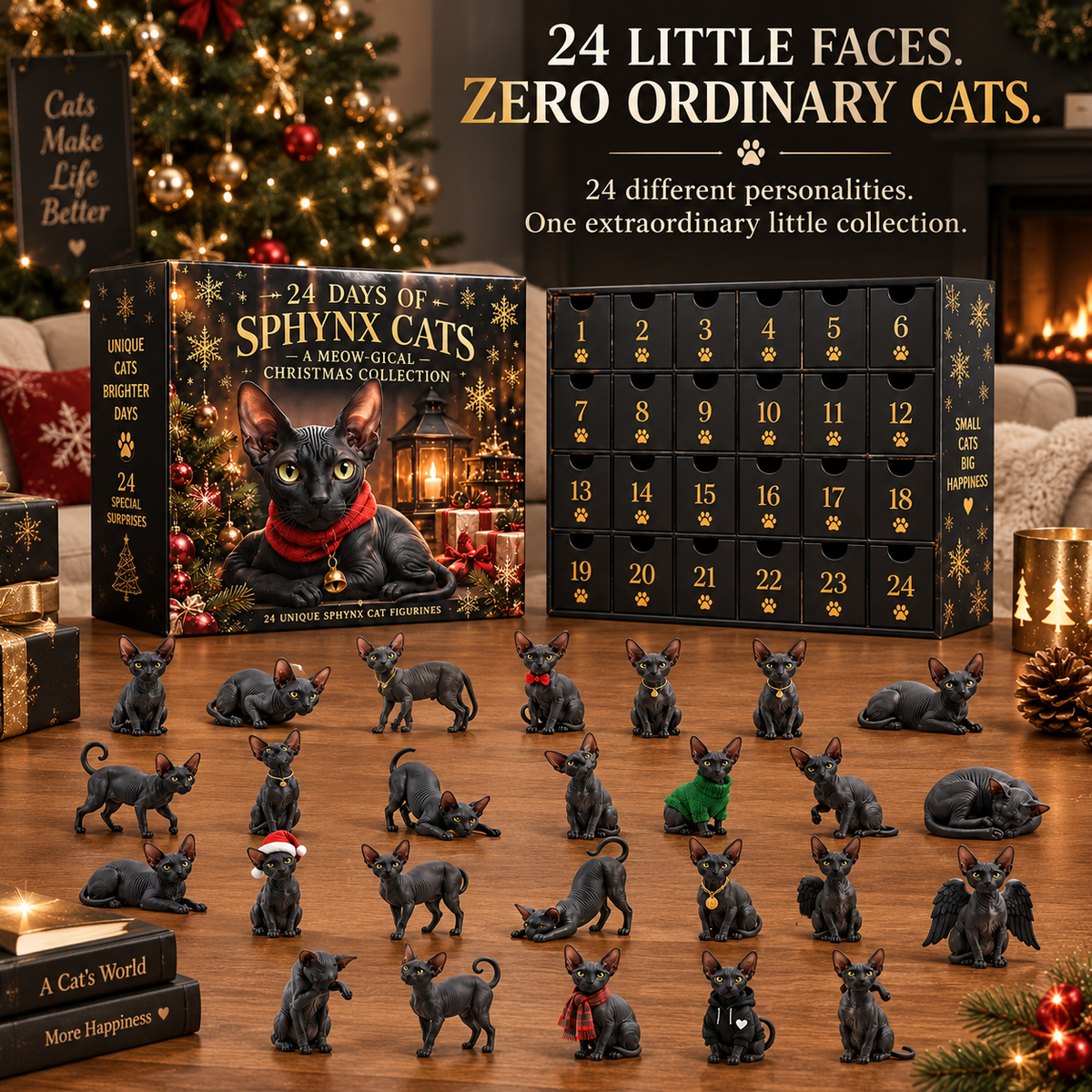 🐈‍⬛24 Days of Black Sphynx Cats Advent Calendar – 24 Unique Realistic Hairless Cat Figurines