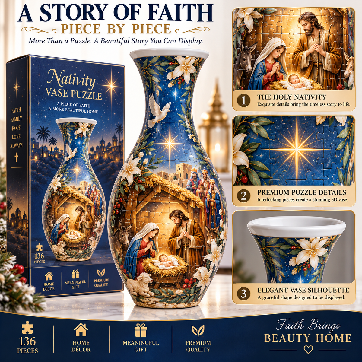 ✨ Ready to Bring the Nativity Story to Life? 🎄 136-Piece 3D Christmas Vase Puzzle
