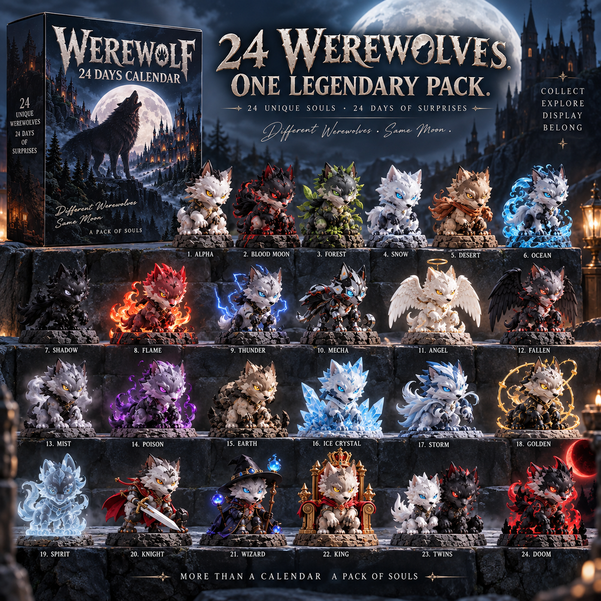 🐺 24 Days of Werewolves Advent Calendar – 24 Unique Fantasy Wolf Collectible Figurines