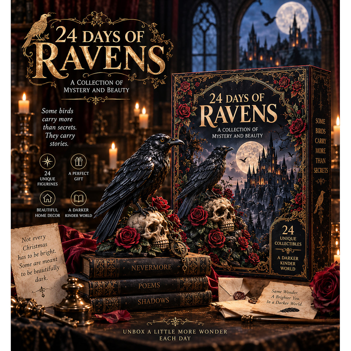 🖤 24 Days of Ravens Advent Calendar – 24 Gothic Raven Collectibles, One Mysterious Christmas Journey 🐦‍⬛🌹
