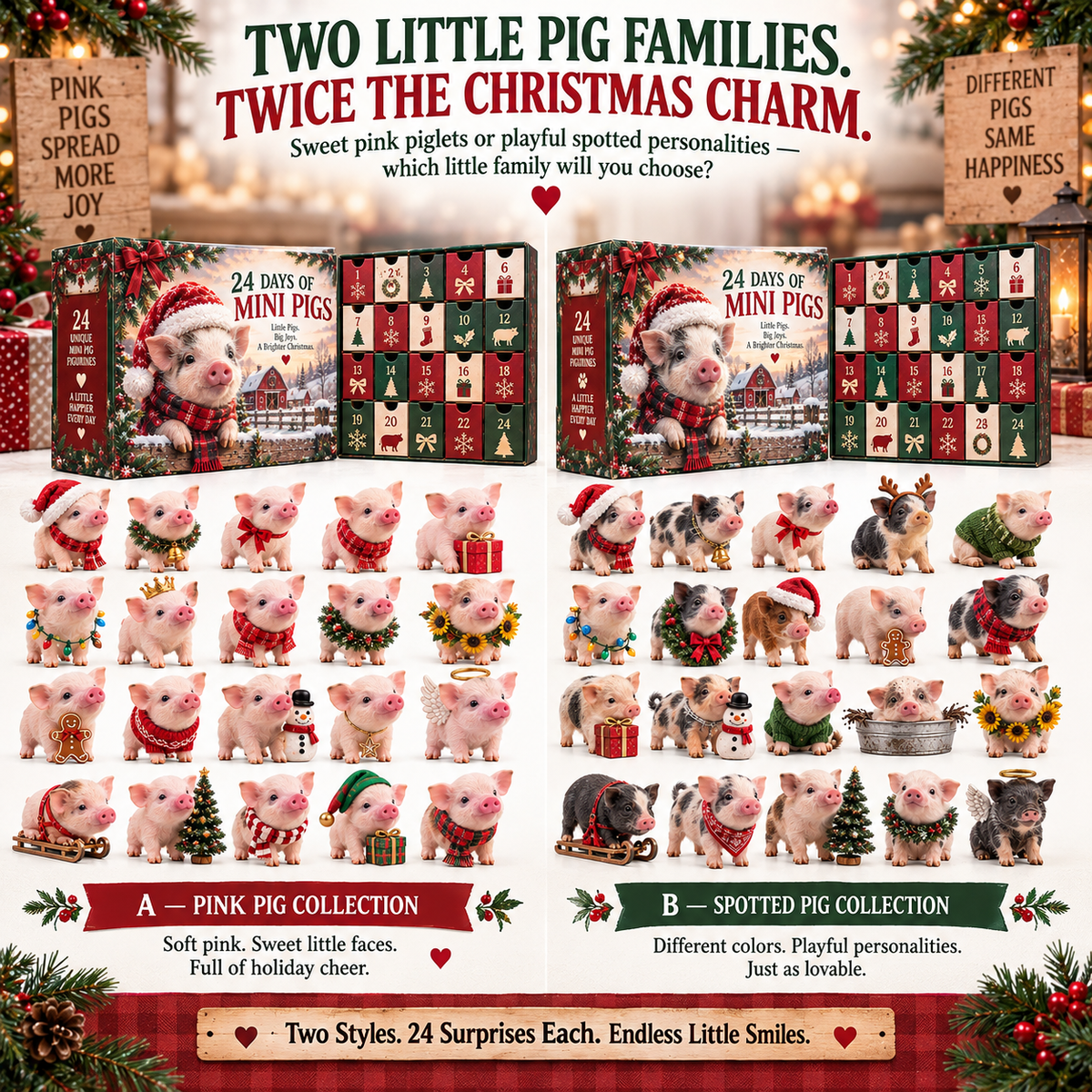 🐷 24 Days of Mini Pigs Advent Calendar – Pink & Spotted Pig Collections, 24 Unique Realistic Piglet Figurines, Christmas Gift for Pig Lovers