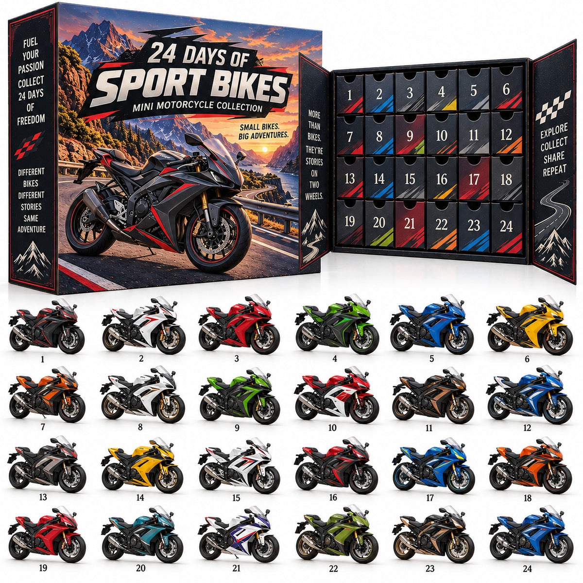 24 Days of Sport Bikes – Mini Motorcycle Advent Calendar | 24 Collectible Racing Bikes for Motorcycle Lovers