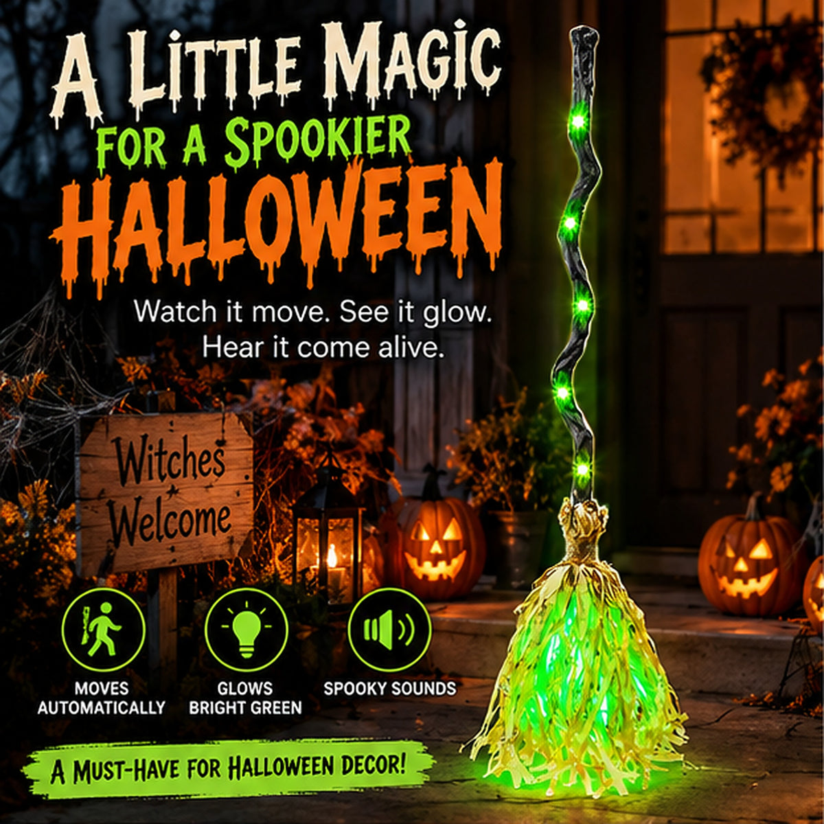 🎃 Animated Witch’s Broom with Glowing Green Lights & Spooky Sounds – Bring Halloween Magic to Life! 👻