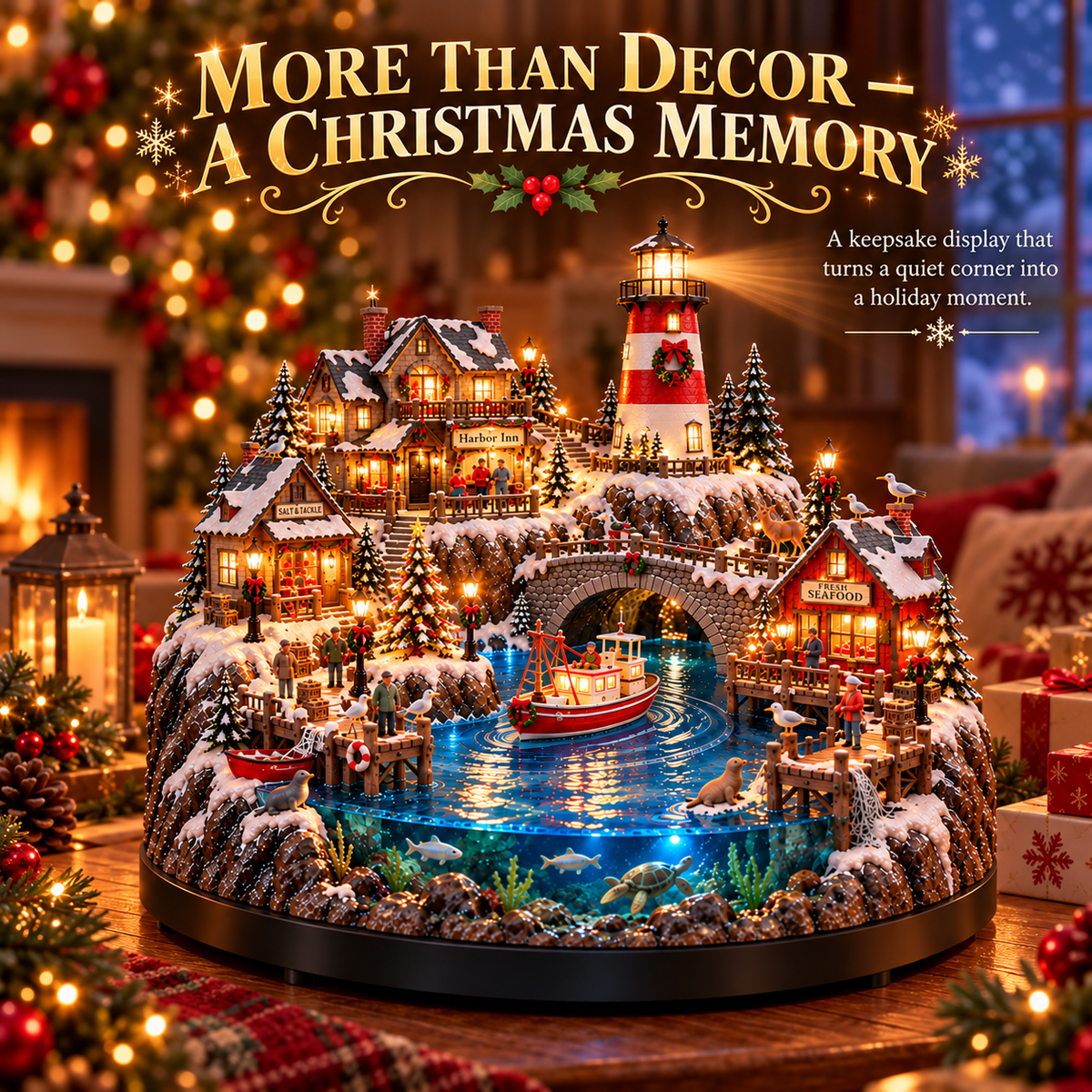 🔥 LAST DAY 50% OFF 🔥🎄 Christmas by the Sea™ – Lighted Harbor Village with Lighthouse & Fishing Boat ✨