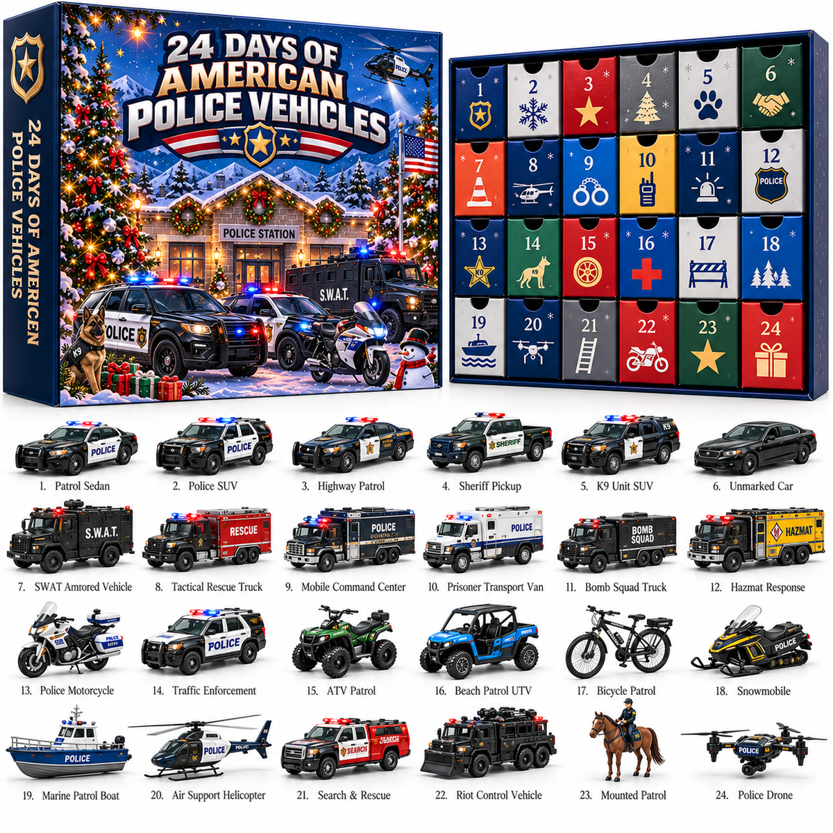 🚨SANTA, YOU'RE UNDER ARREST!24 Days of American Police Vehicles — Collectible Christmas Set