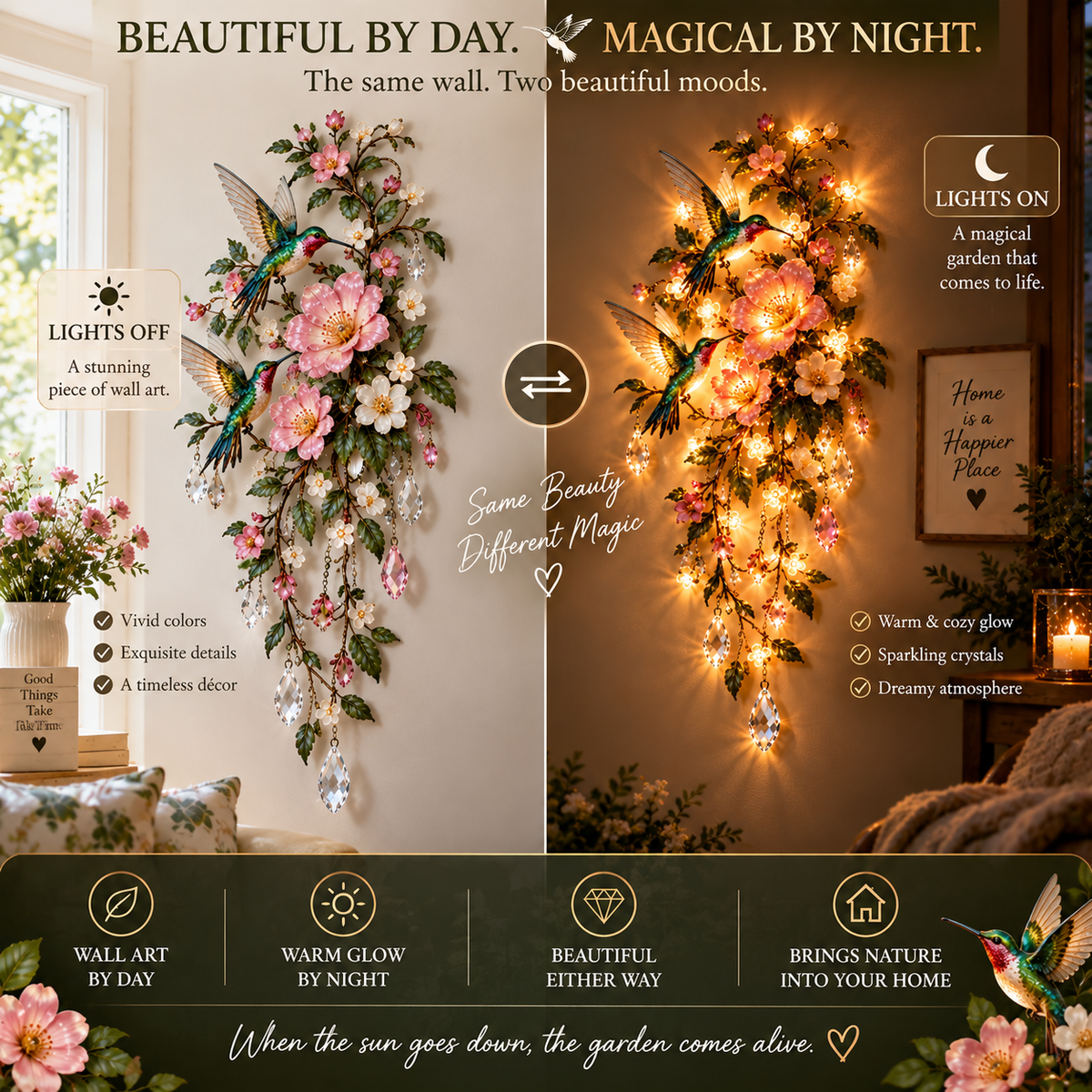 🐦🌸Hummingbird Garden – Illuminated Floral & Crystal Wall Art