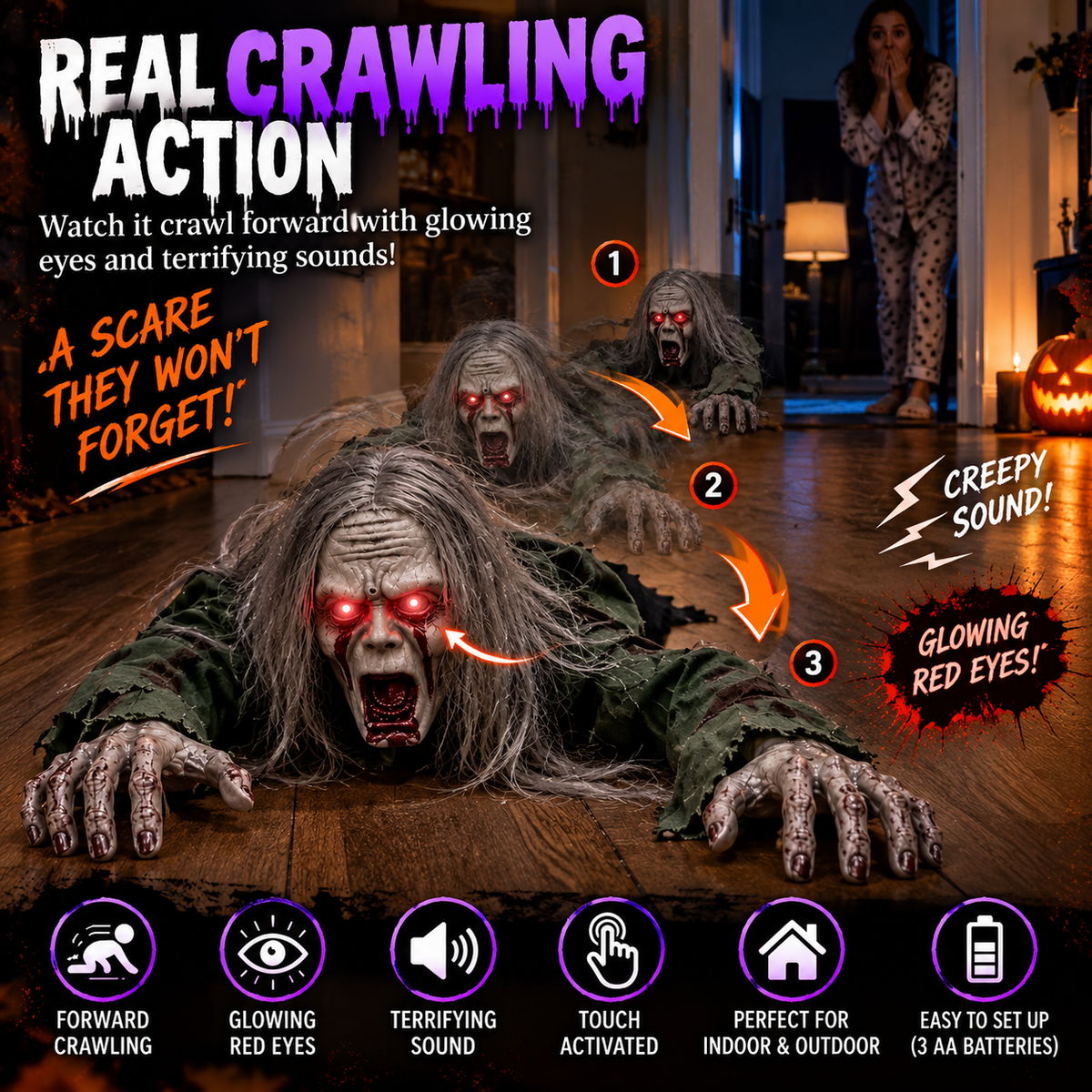 🎃 Crawling Halloween Ghoul™ — Glowing Eyes, Creepy Sounds & Real Crawling Action