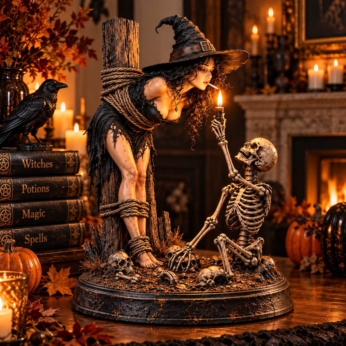 🔥 Witch & Skeleton Candlelight Statue – Spooky Halloween Gothic Tabletop Decor