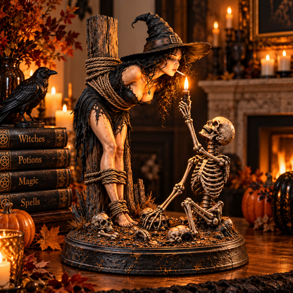 🔥 Witch & Skeleton Candlelight Statue – Spooky Halloween Gothic Tabletop Decor