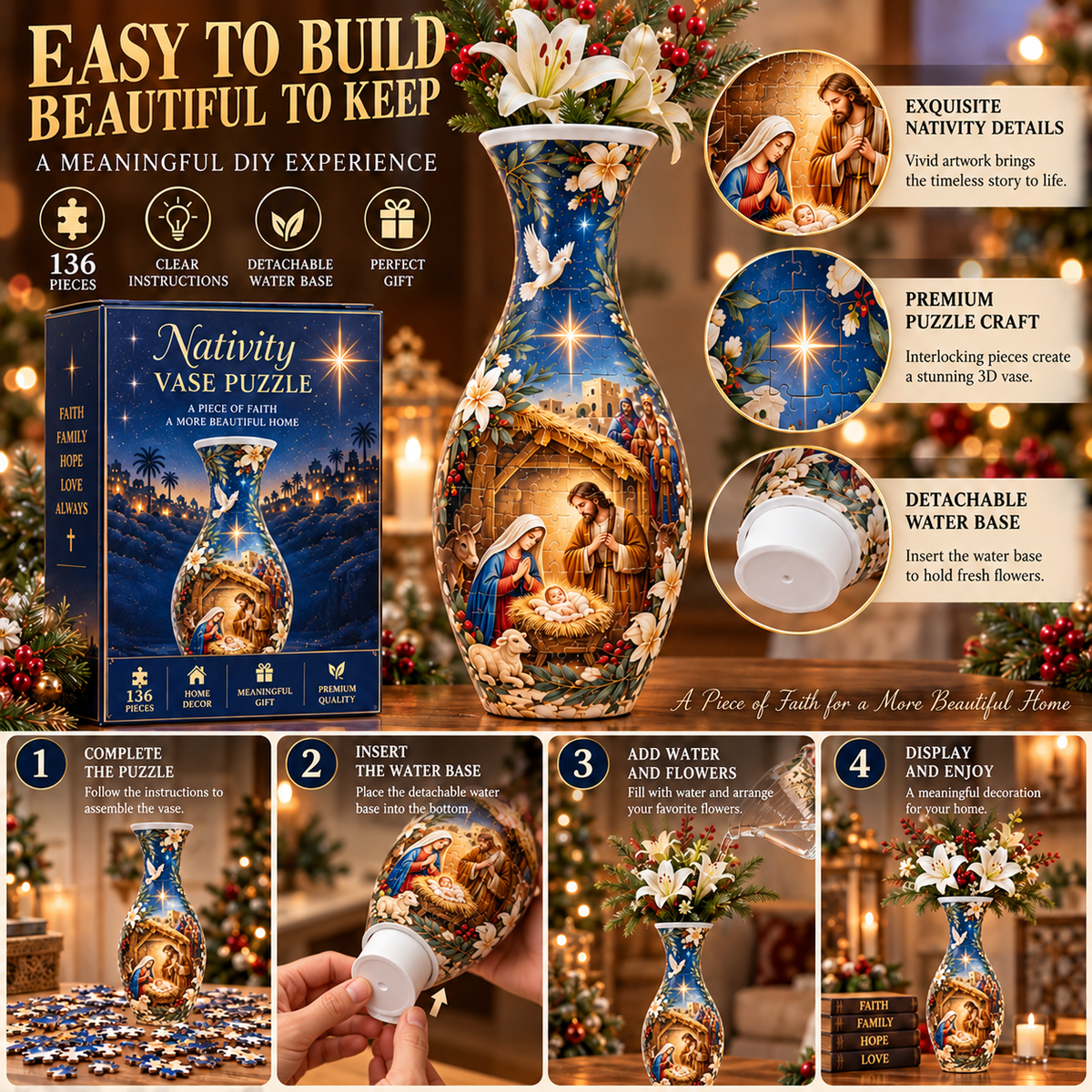 ✨ Ready to Bring the Nativity Story to Life? 🎄 136-Piece 3D Christmas Vase Puzzle