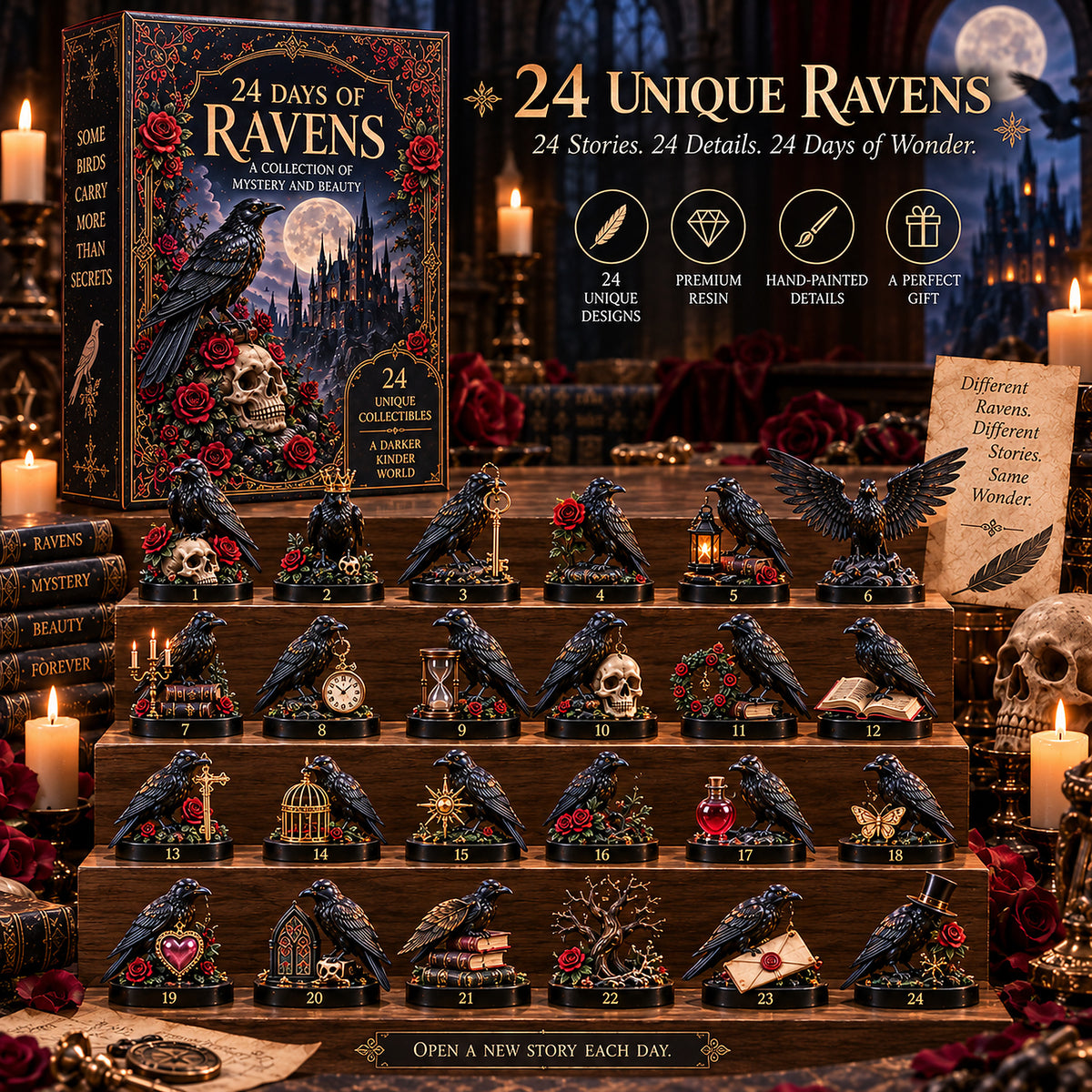 🖤 24 Days of Ravens Advent Calendar – 24 Gothic Raven Collectibles, One Mysterious Christmas Journey 🐦‍⬛🌹