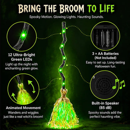 🎃 Animated Witch’s Broom with Glowing Green Lights & Spooky Sounds – Bring Halloween Magic to Life! 👻