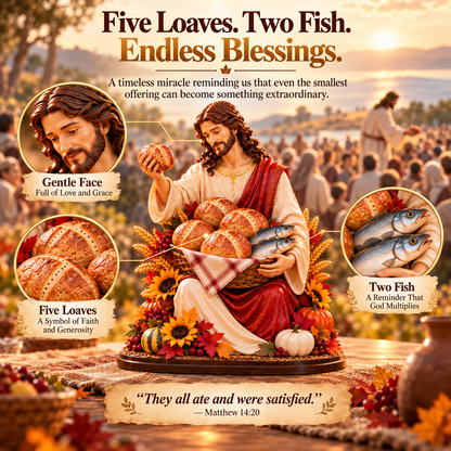 ✝️ Five Loaves. Two Fish. Endless Blessings. 🍂 2026 Thanksgiving Jesus Figurine – A Gift of Faith & Gratitude