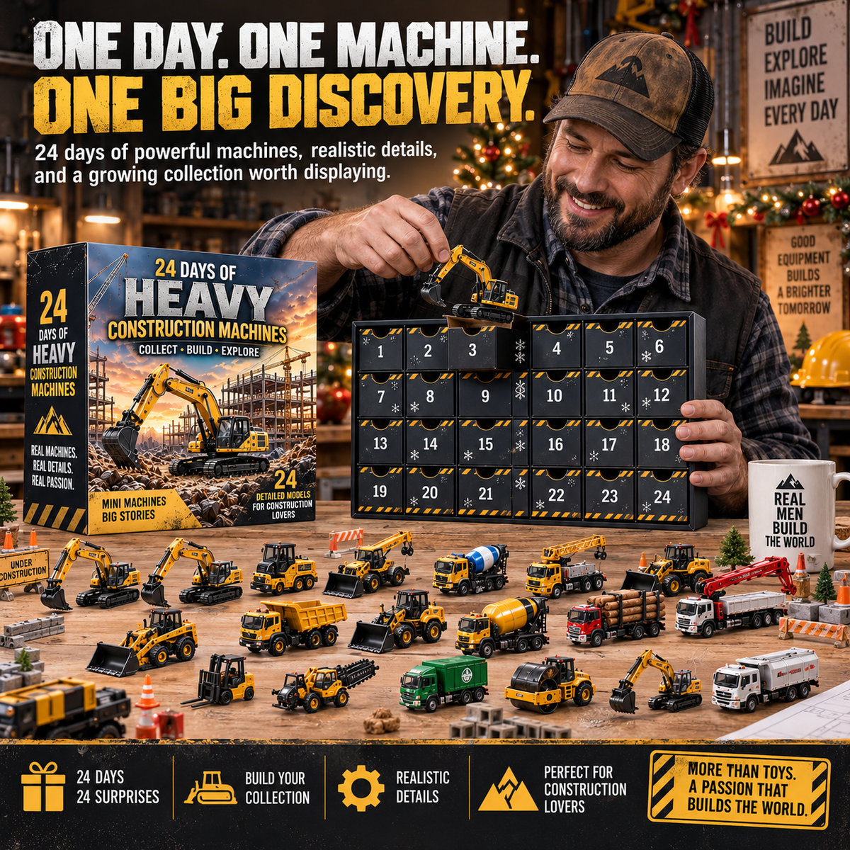 🚜 24 Days of Heavy Construction Machines Advent Calendar – 24 Realistic Construction Vehicle Collectibles, Christmas Gift for Equipment Lovers