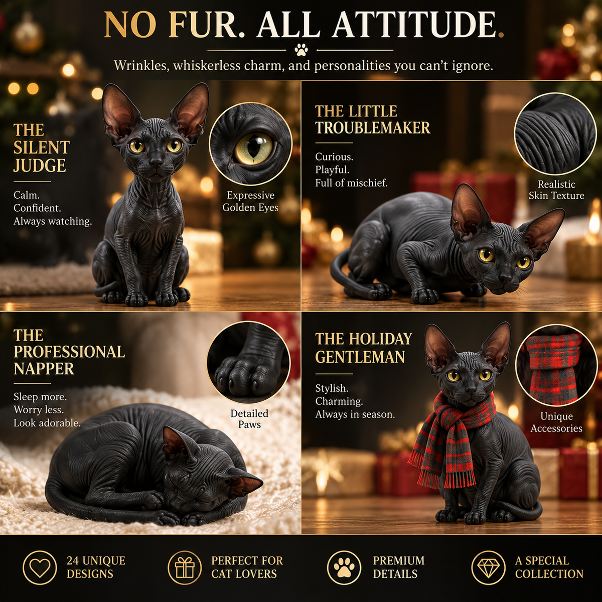 🐈‍⬛24 Days of Black Sphynx Cats Advent Calendar – 24 Unique Realistic Hairless Cat Figurines
