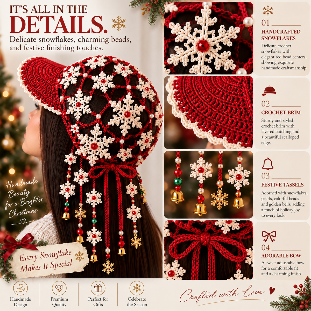 ❄️ Ready to Sparkle This Christmas? 🎄 2026 Christmas Snowflake Crochet Hat – Festive Red & White Floral Lace Cap with Beaded Tassels & Bells