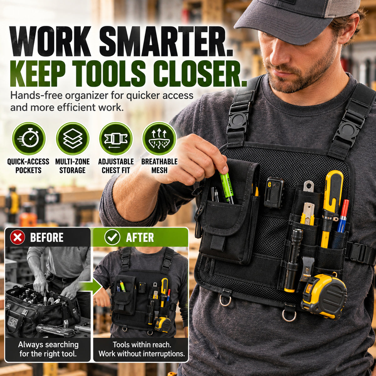 🔥 Tired of Searching for Your Tools?! 🛠️ Hands-Free Chest Tool Organizer – Work Smarter, Keep Tools Closer!