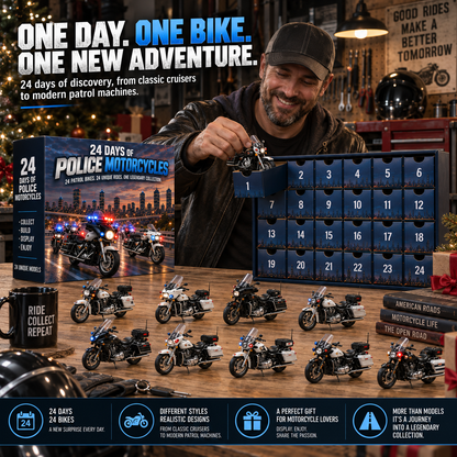 🏍️ 24 Days of Police Motorcycles Advent Calendar – 24 Realistic American Patrol Bike Collectibles, Christmas Gift for Motorcycle Lovers