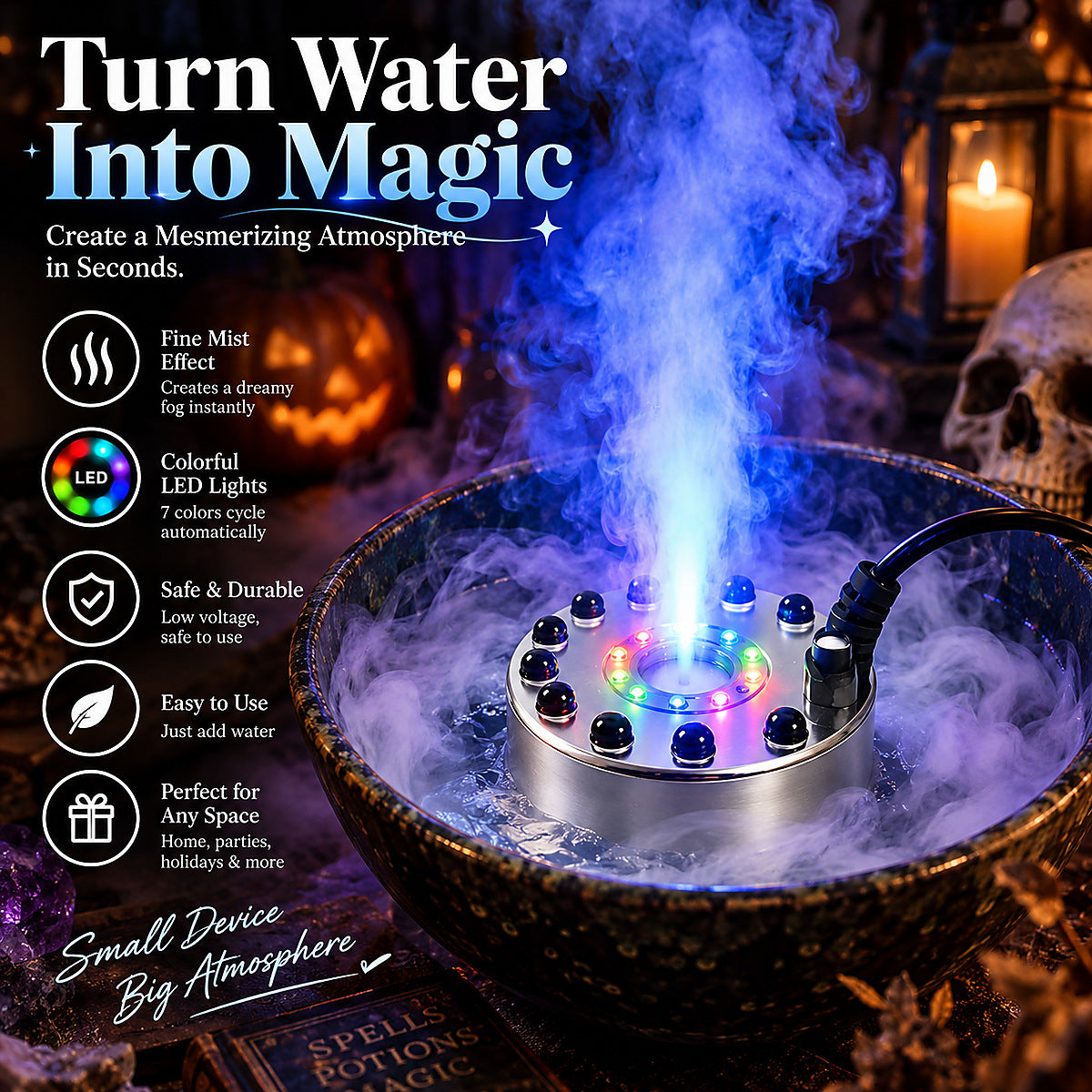 LED Ultrasonic Mist Maker – Colorful Fog Fountain for Home Décor, Halloween & DIY Water Features