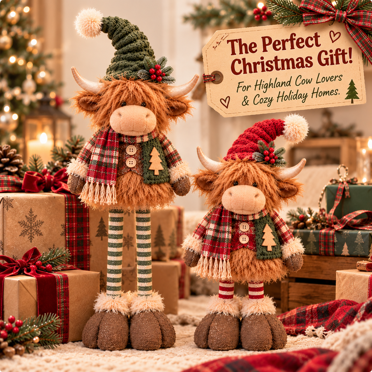🎄 Highland Cow Christmas Plush Decor – Adjustable Long Legs, Adorable Farmhouse Holiday Decoration 🐮