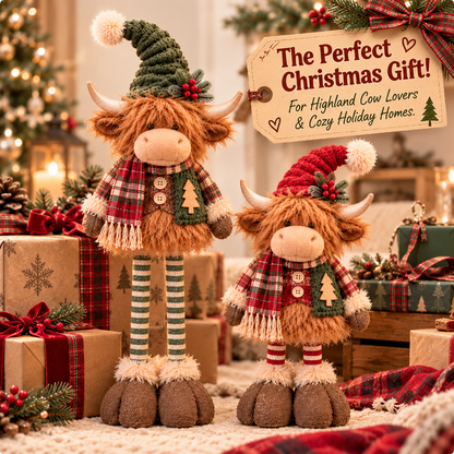 🎄 Highland Cow Christmas Plush Decor – Adjustable Long Legs, Adorable Farmhouse Holiday Decoration 🐮