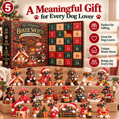 🐾 The Distinguished Boxer Society 🎩 – 24-Day Boxer Dog Advent Calendar 🎄 | 24 Unique Christmas Figurines & Gifts for Boxer Lovers 🎁