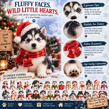 🐺 24 Days of Husky Puppies Advent Calendar – 24 Unique Realistic Siberian Husky Figurines, Christmas Gift for Husky Lovers