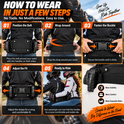 Motorcycle Passenger Grab Handle Belt – Adjustable Waist Belt with Dual Grip Handles for Two-Up Riding