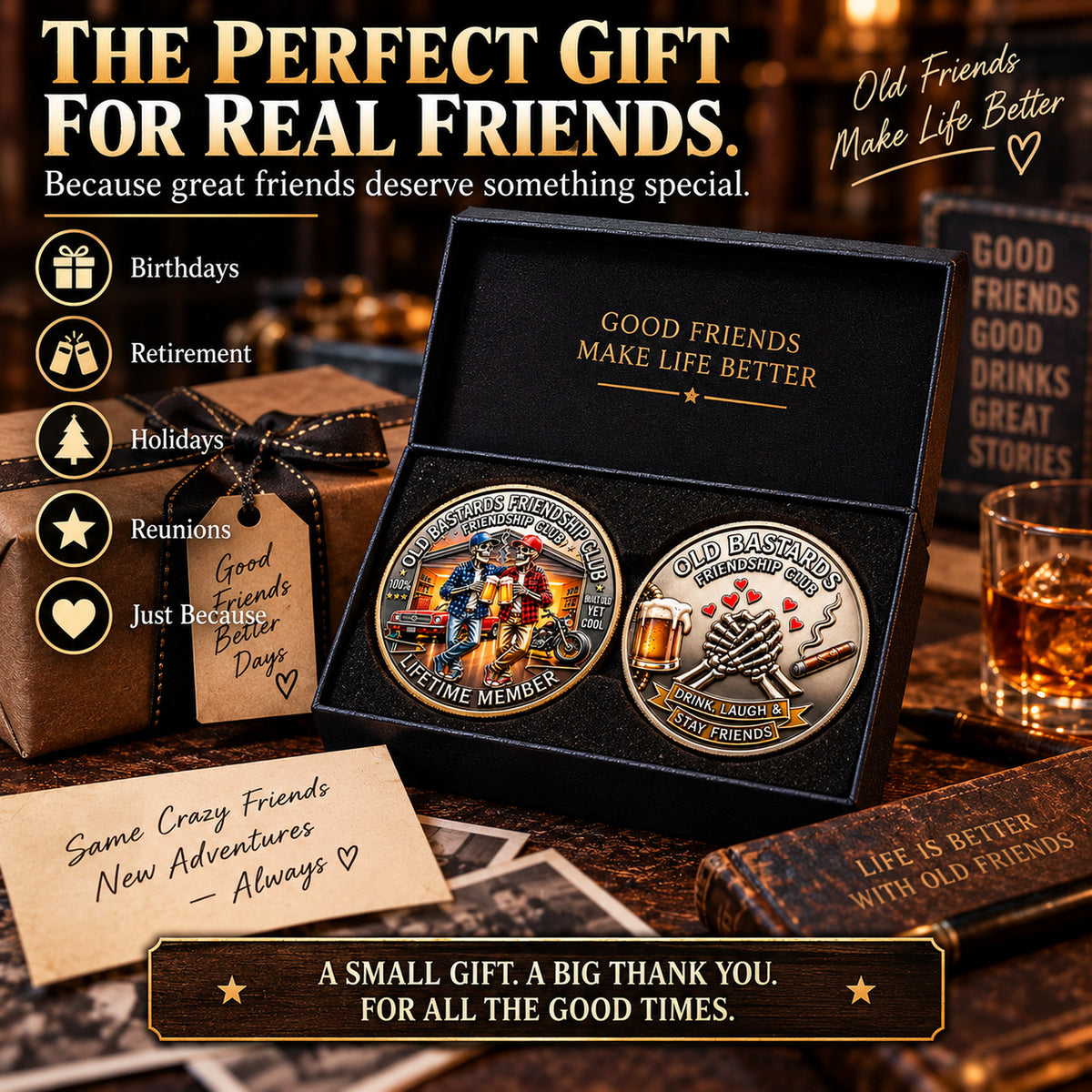 Old Bastards Friendship Club Coin – Funny Keepsake Gift for Lifelong Friends 🍻