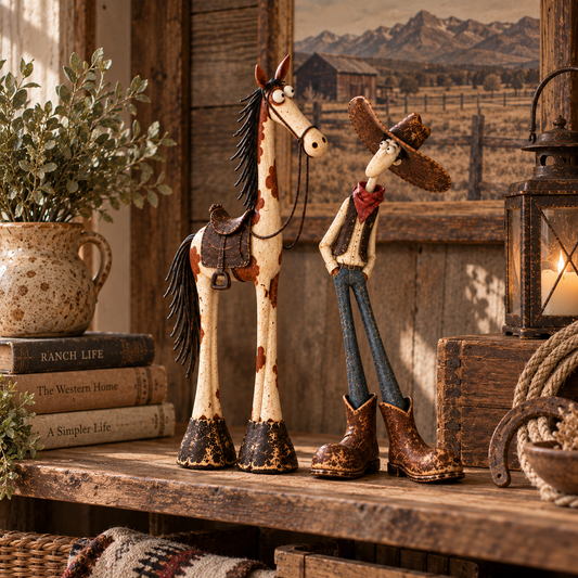 🤠🐴 Whimsical Western Cowboy & Horse Figurine Duo 🌵