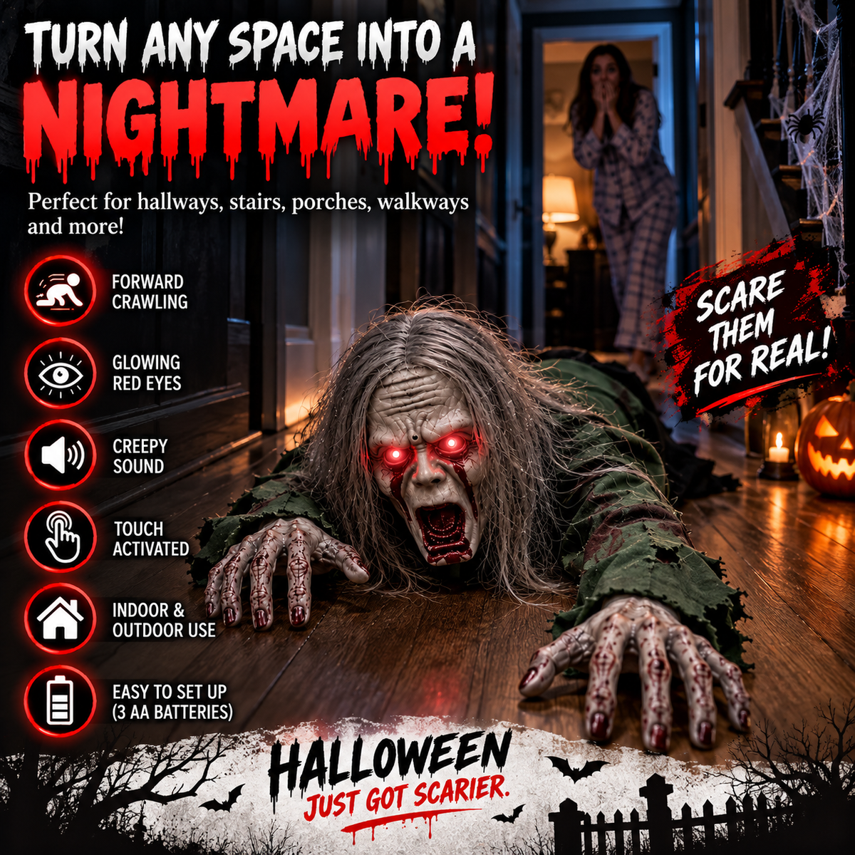 🎃 Crawling Halloween Ghoul™ — Glowing Eyes, Creepy Sounds & Real Crawling Action