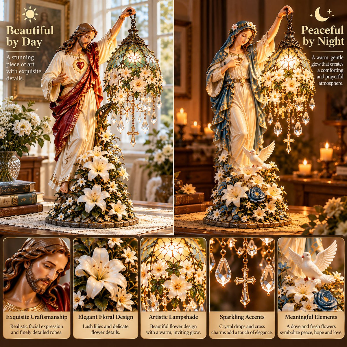 ✝️ Let Faith Light Up Your Home! 🕊️ Light of Grace – Jesus & Virgin Mary Illuminated Sculptures