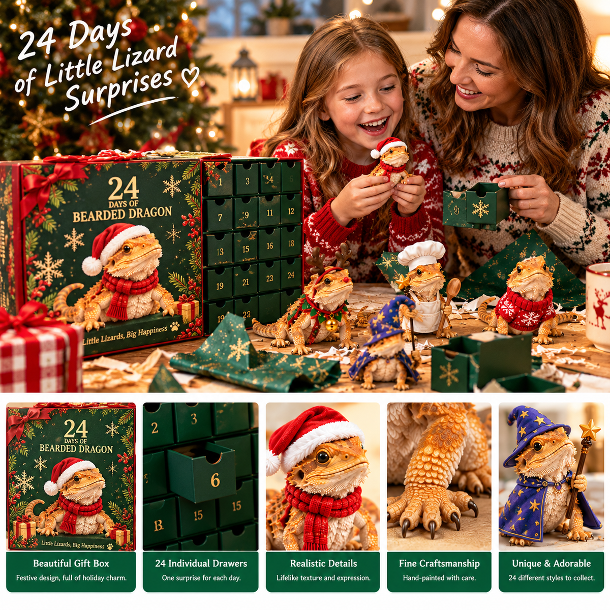 24 Days of Bearded Dragon – 24 Unique Miniature Figurines | Christmas Collectible Gift Set