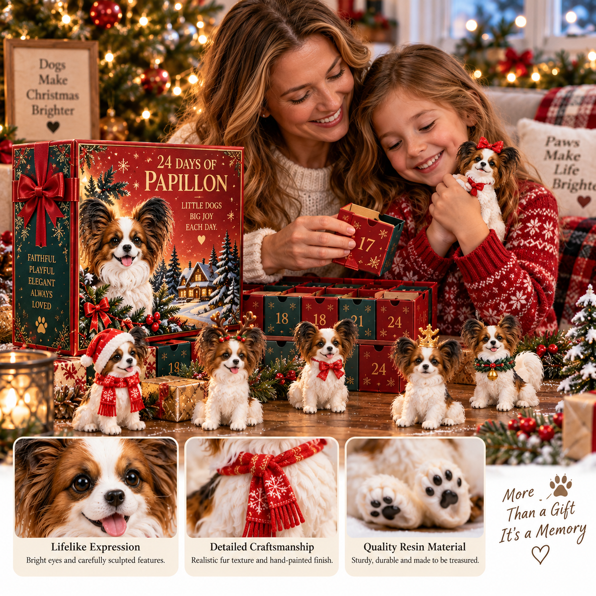 24 Days of Papillon – Christmas Advent Calendar with 24 Unique Collectible Dog Figurines