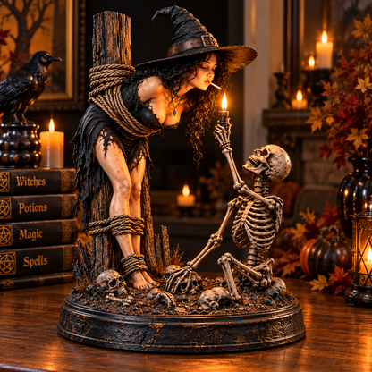 🔥 Witch & Skeleton Candlelight Statue – Spooky Halloween Gothic Tabletop Decor