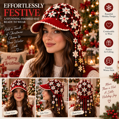 ❄️ Ready to Sparkle This Christmas? 🎄 2026 Christmas Snowflake Crochet Hat – Festive Red & White Floral Lace Cap with Beaded Tassels & Bells