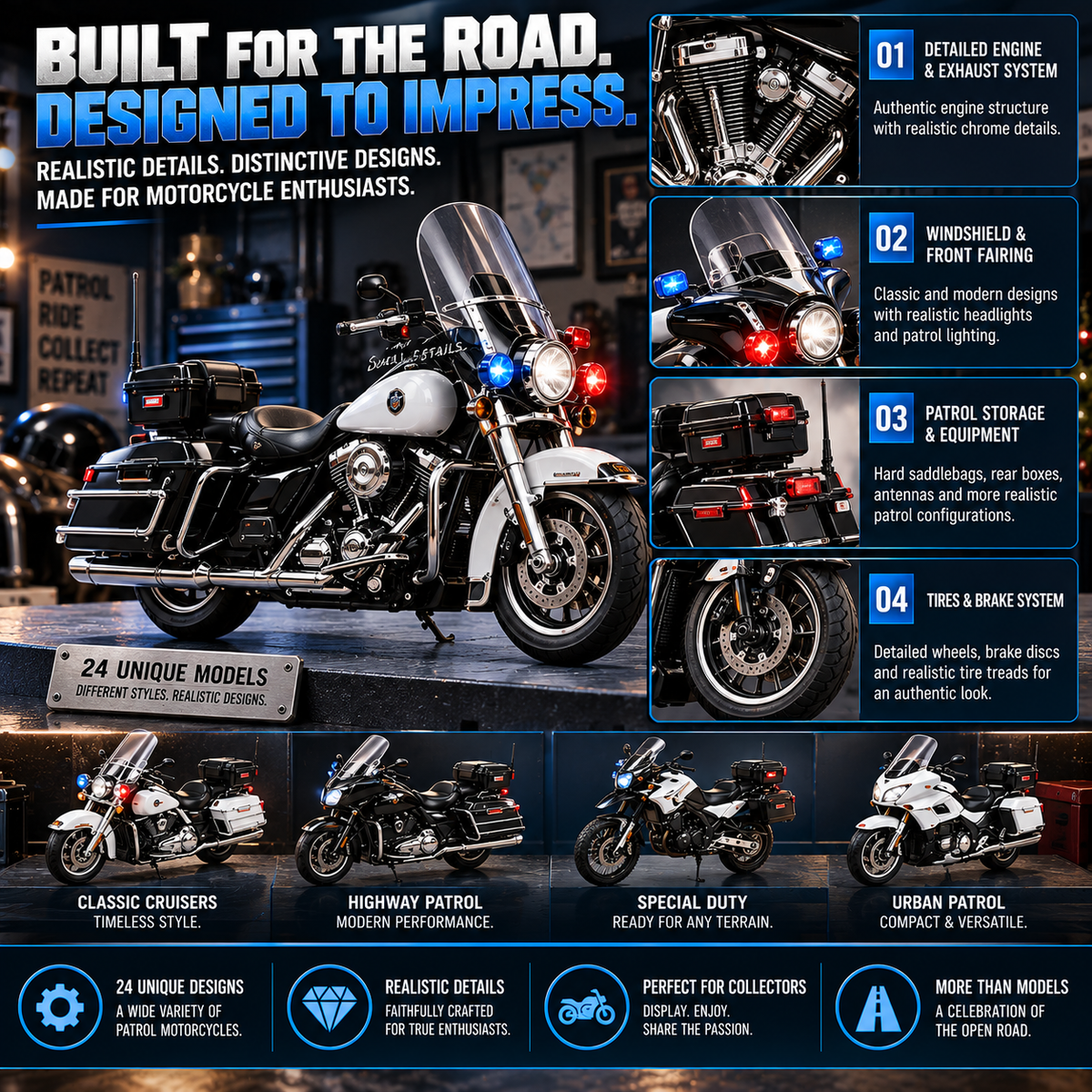 🏍️ 24 Days of Police Motorcycles Advent Calendar – 24 Realistic American Patrol Bike Collectibles, Christmas Gift for Motorcycle Lovers