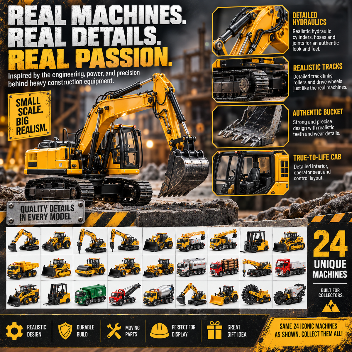 🚜 24 Days of Heavy Construction Machines Advent Calendar – 24 Realistic Construction Vehicle Collectibles, Christmas Gift for Equipment Lovers