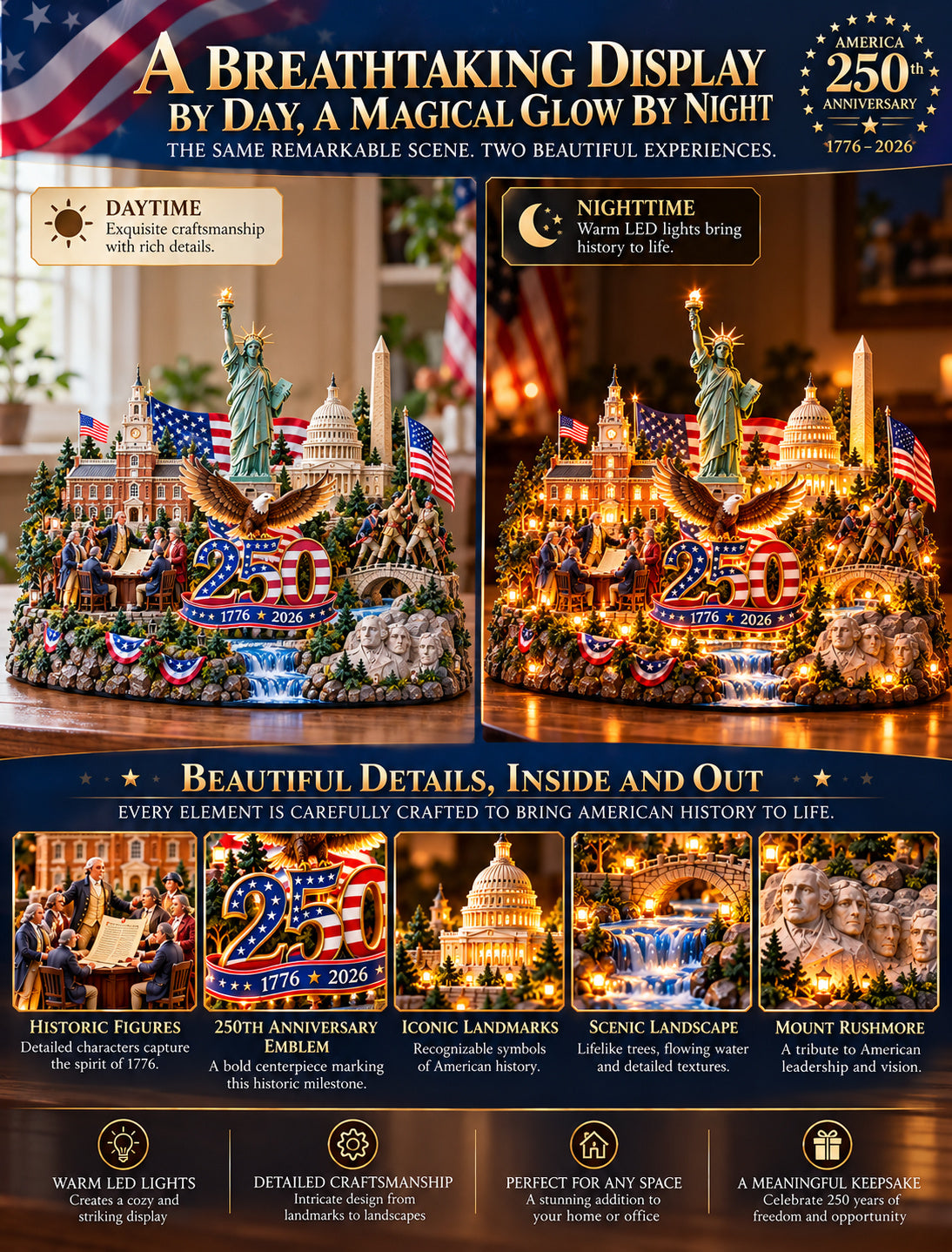 US Celebrate 250 Years of America! ✨ 1776–2026 Illuminated Anniversary Keepsake