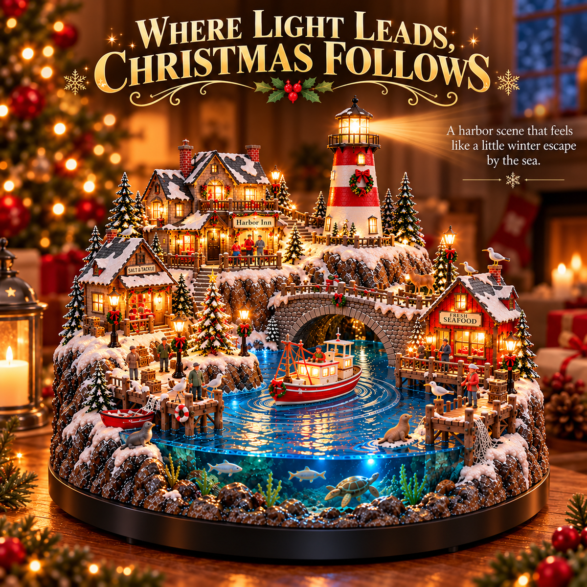 🔥 LAST DAY 50% OFF 🔥🎄 Christmas by the Sea™ – Lighted Harbor Village with Lighthouse & Fishing Boat ✨