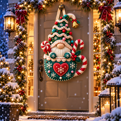 Cozy Gnome Christmas Door Hanger – Handcrafted Candy Cane & Holiday Tree Welcome Decor