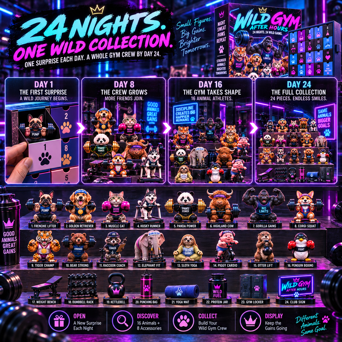 🏋️🐾 WILD GYM AFTER HOURS – 24-Day Animal Fitness Advent Calendar | 16 Wild Athletes & 8 Gym Collectibles