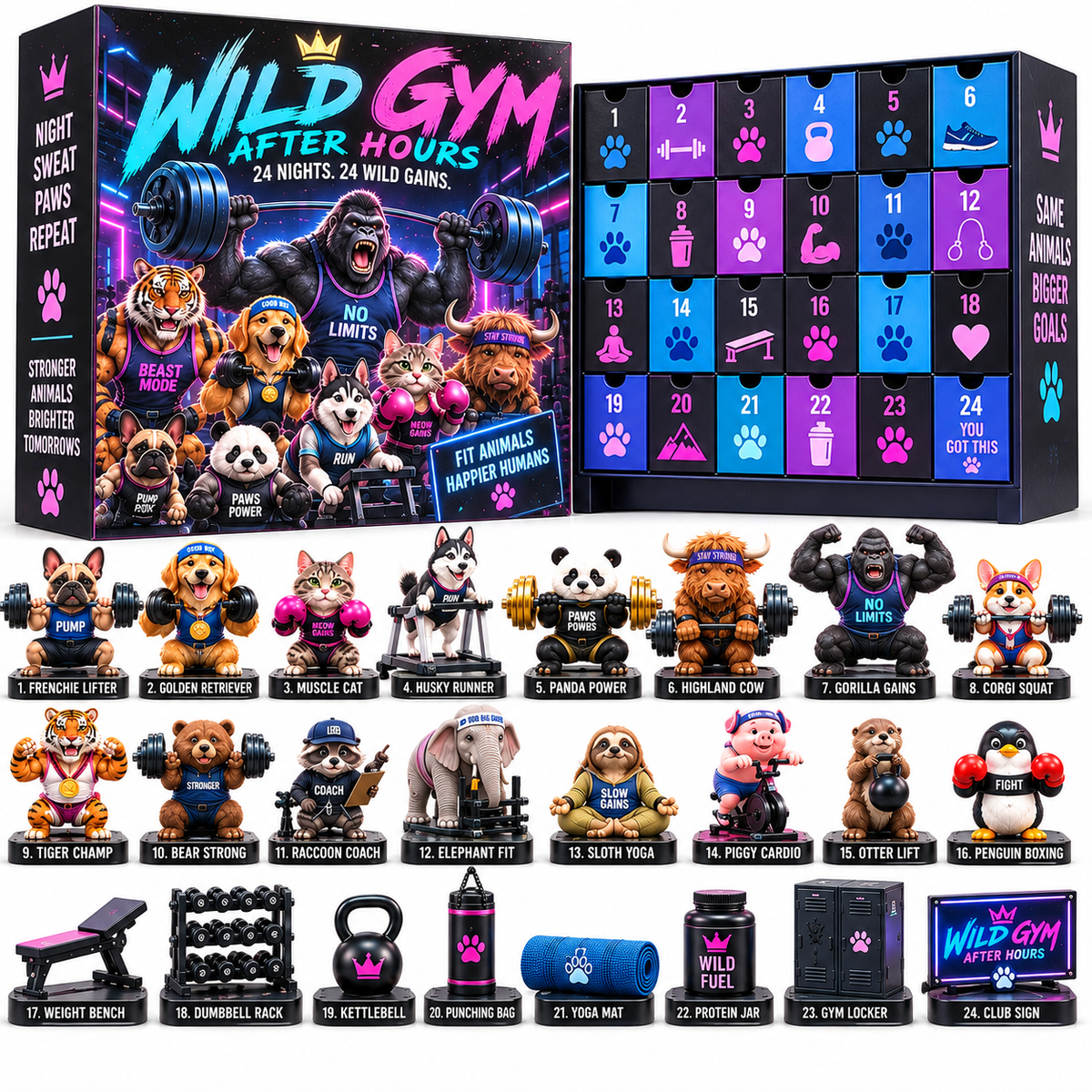 🏋️🐾 WILD GYM AFTER HOURS – 24-Day Animal Fitness Advent Calendar | 16 Wild Athletes & 8 Gym Collectibles