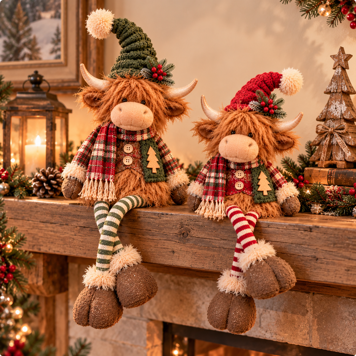 🎄 Highland Cow Christmas Plush Decor – Adjustable Long Legs, Adorable Farmhouse Holiday Decoration 🐮