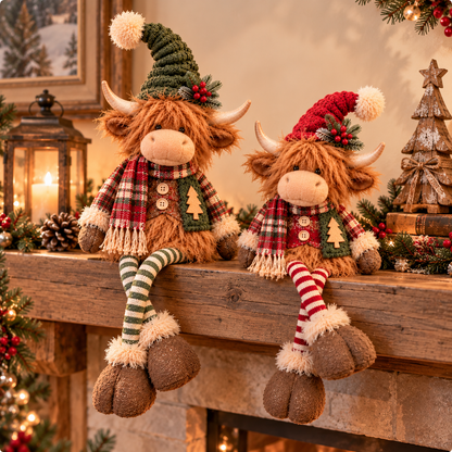 🎄 Highland Cow Christmas Plush Decor – Adjustable Long Legs, Adorable Farmhouse Holiday Decoration 🐮