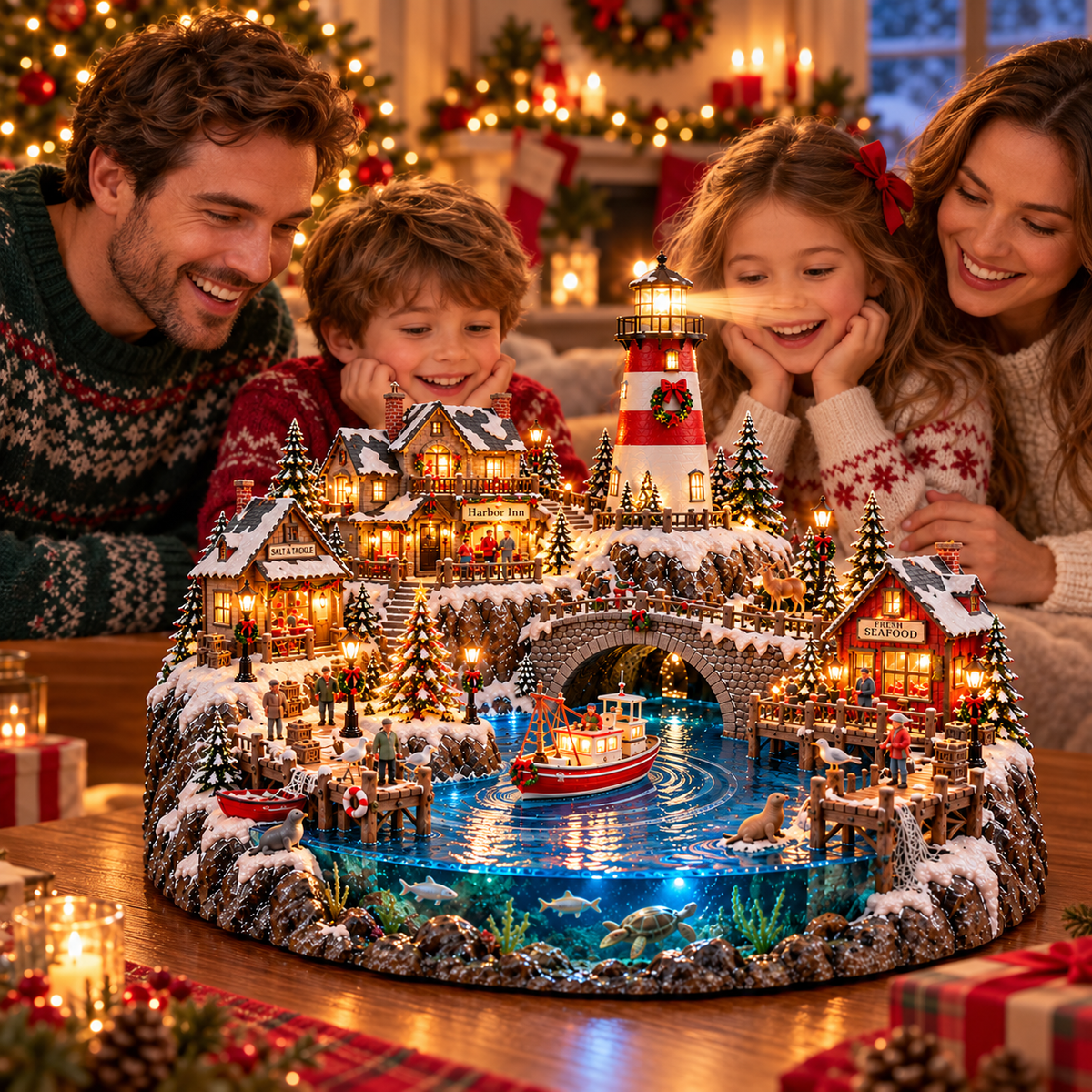🔥 LAST DAY 50% OFF 🔥🎄 Christmas by the Sea™ – Lighted Harbor Village with Lighthouse & Fishing Boat ✨