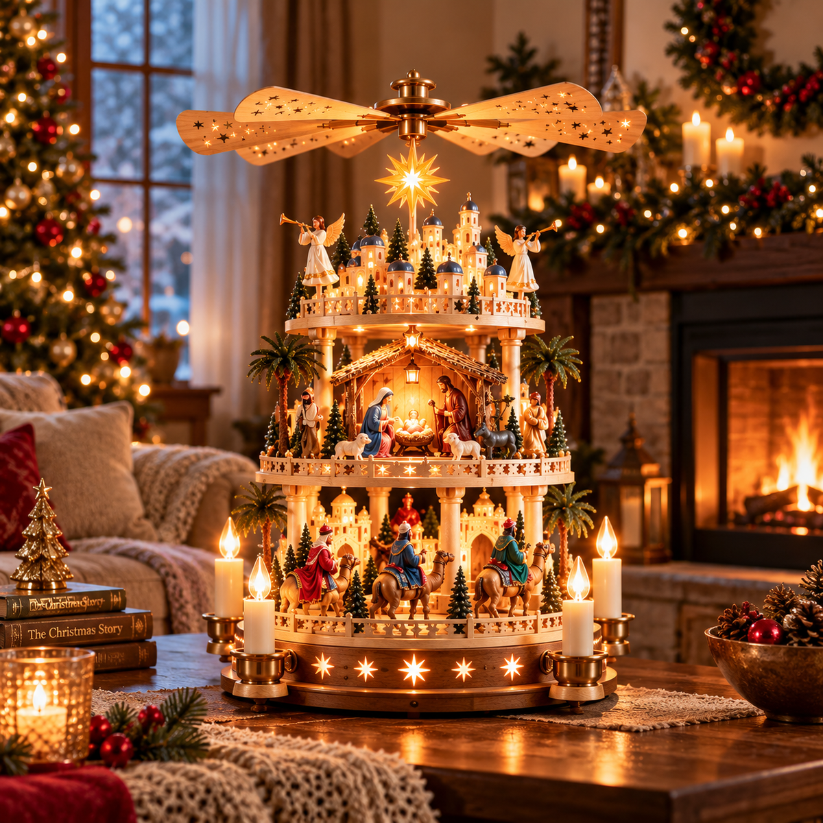 ✨ Rotating Nativity Christmas Pyramid – 3-Tier Lighted Jesus Birth Scene, A Meaningful Christian Christmas Gift 🎄