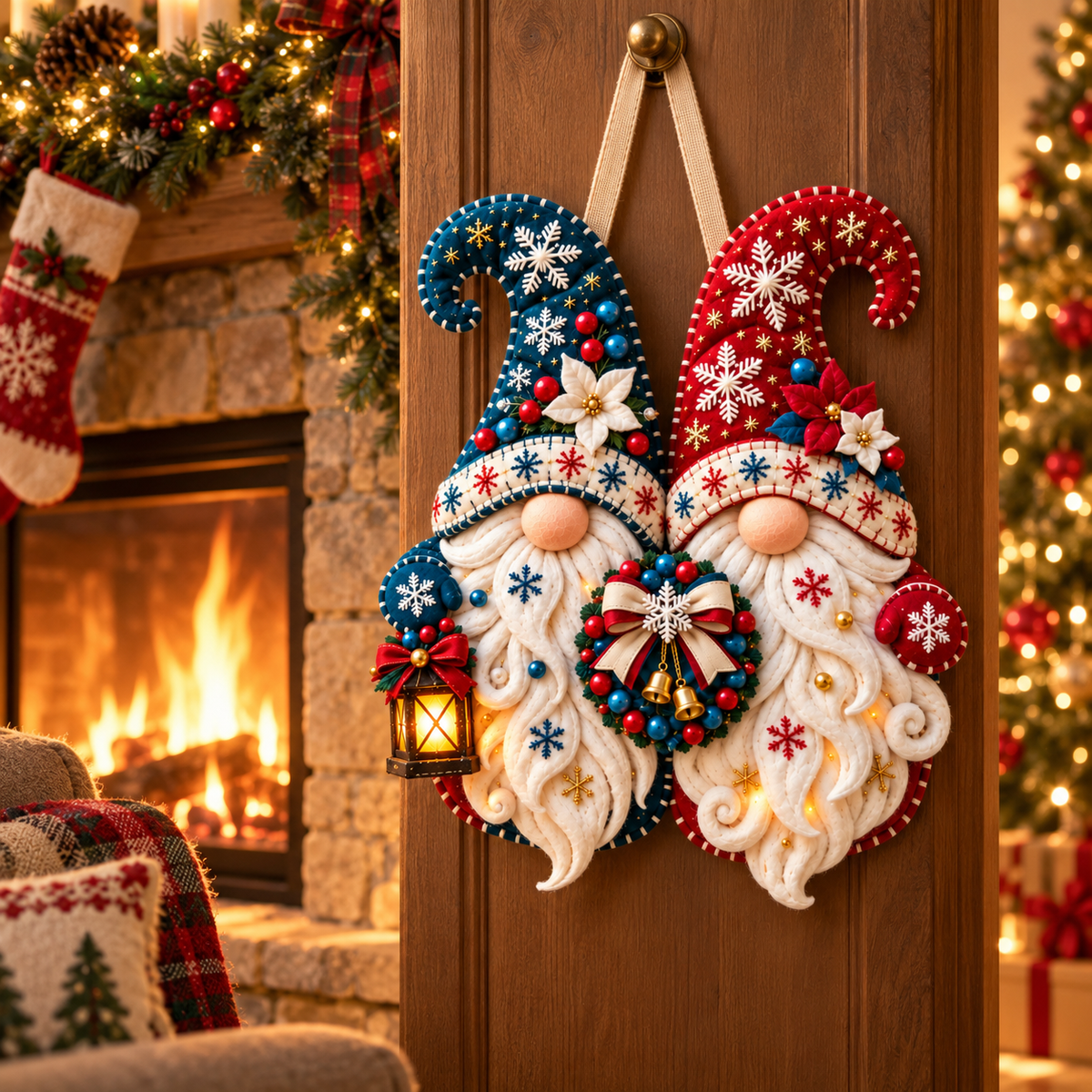 Snowflake Gnome Duo Door Hanger – Red & Blue Christmas Welcome Decor with Lantern