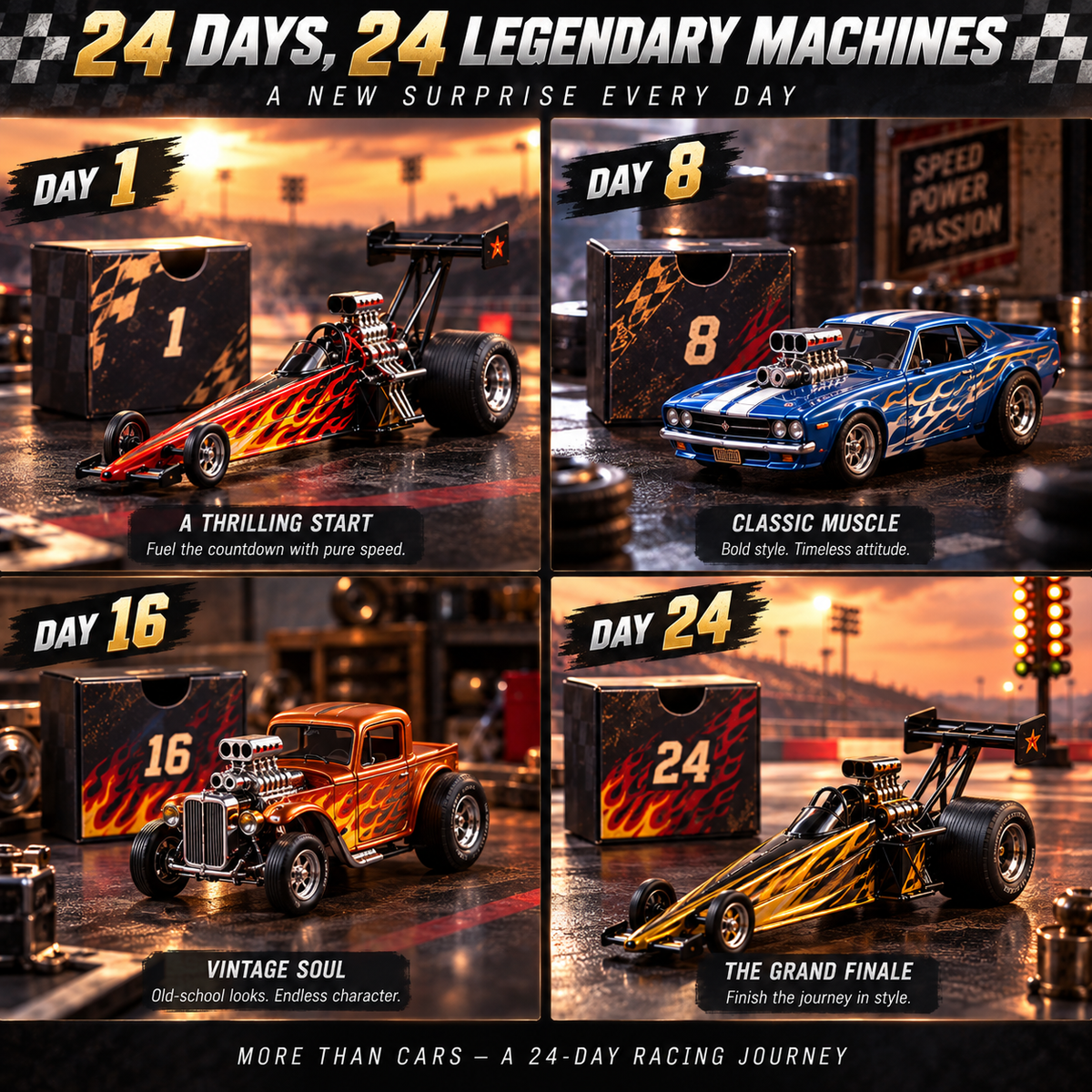 🏁 Ready to Feel the Rush?! 🏎️ 2026 Drag Racing Advent Calendar – 24 Days of Speed, Power & Collectible Legends!