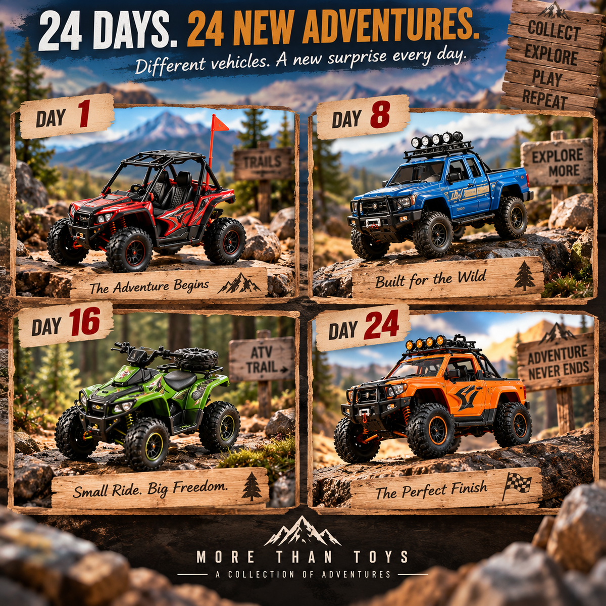 24 Days of Off-Road Adventures – 24 Unique Mini Vehicle Collectibles Christmas Countdown Gift Set